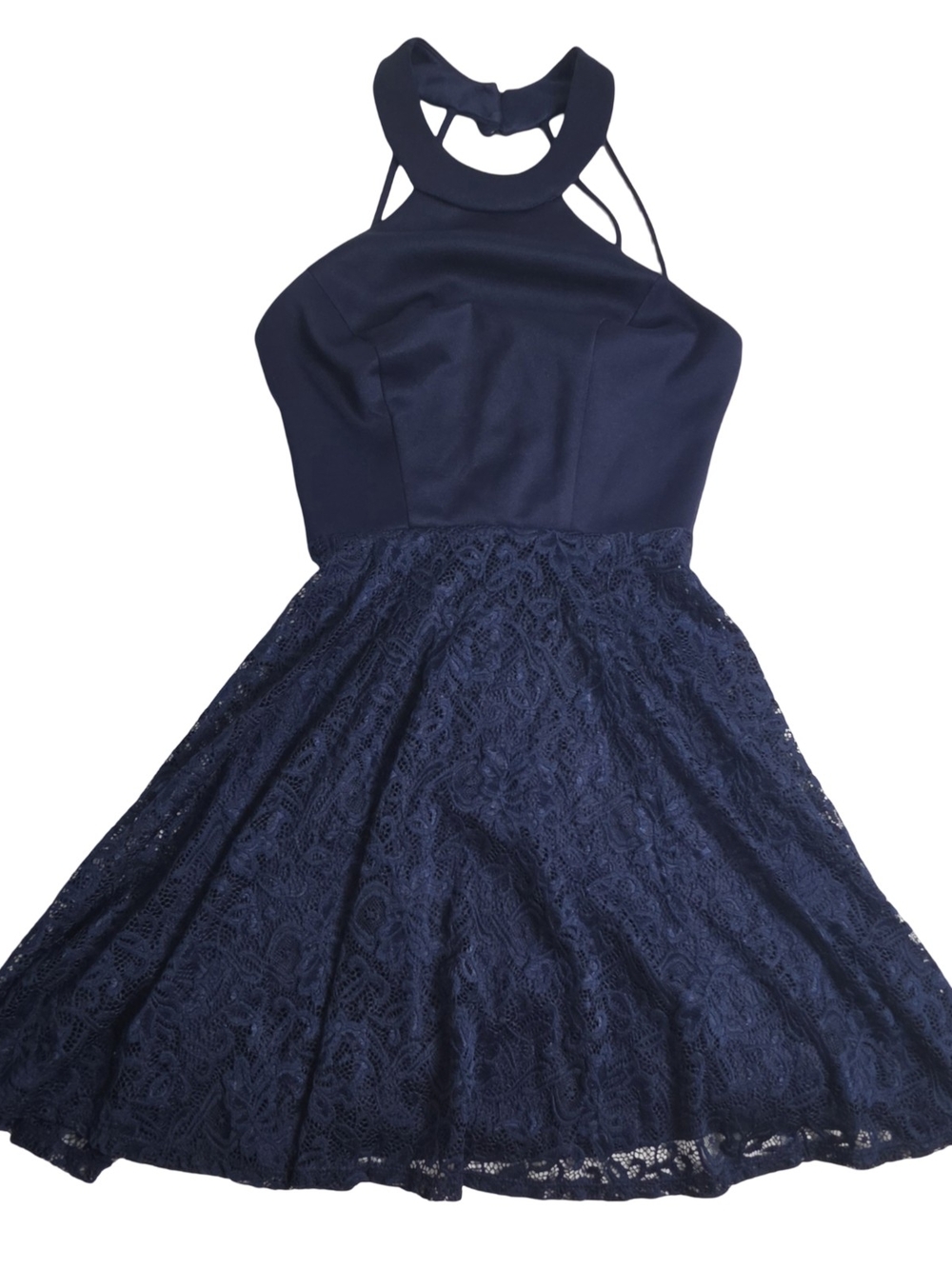 B. Darlin Blue Halter Fit & Flare Lace Lined Stretch Short Dress Size 1/2